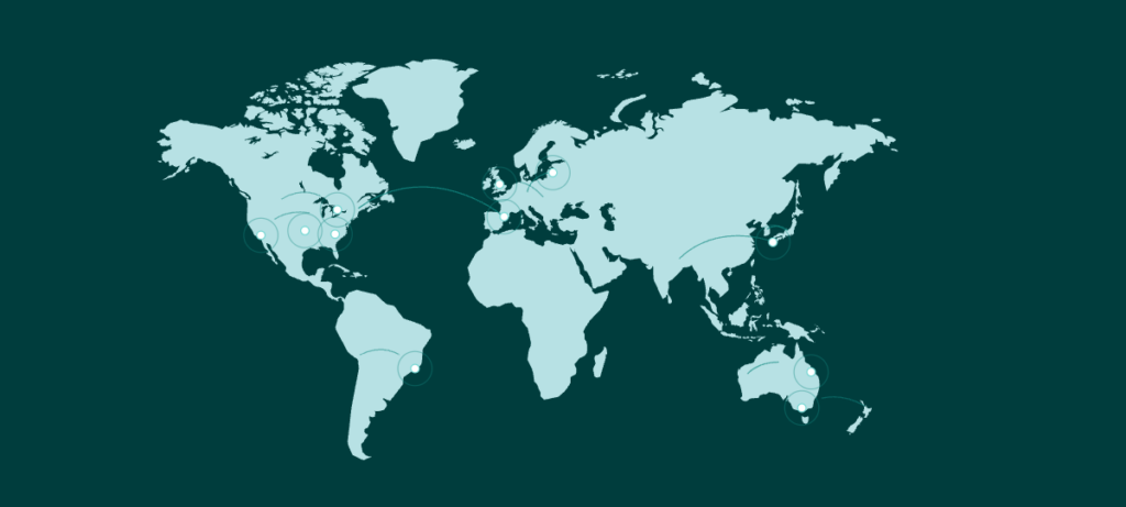 World map graphic highlighting global Printful Fulfillment Center Locations with interactive pinpoints across North America, South America, Europe, Asia, and Oceania.