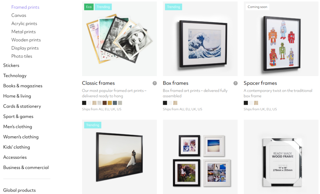 Prodigi print-on-demand framed art prints product catalog showcasing Classic frames, Box frames, and Spacer frames with various finishes, photo tiles, and ready-made wood frames.