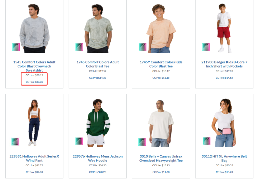 CustomCat print-on-demand product catalog grid displaying various apparel and accessories, including Comfort Colors crewnecks and tees, kids' shirts, shorts, wind pants, hoodies, oversized t-shirts, and belt bags with CC Lite and CC Pro pricing.