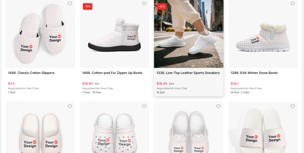 JetPrint print-on-demand custom footwear catalog displaying various shoe styles with custom design placeholders, including Classic Cotton Slippers, Cotton-pad Fur Zipper Up Boots, Low-Top Leather Sports Sneakers, EVA Winter Snow Boots, and clogs.