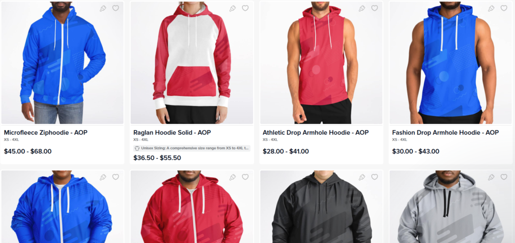 Subliminator print-on-demand custom apparel catalog showcasing all-over print (AOP) hoodies and sleeveless tops. The grid features product cards for Microfleece Ziphoodie, Raglan Hoodie Solid, Athletic Drop Armhole Hoodie, and Fashion Drop Armhole Hoodie with price ranges and sizing options.
