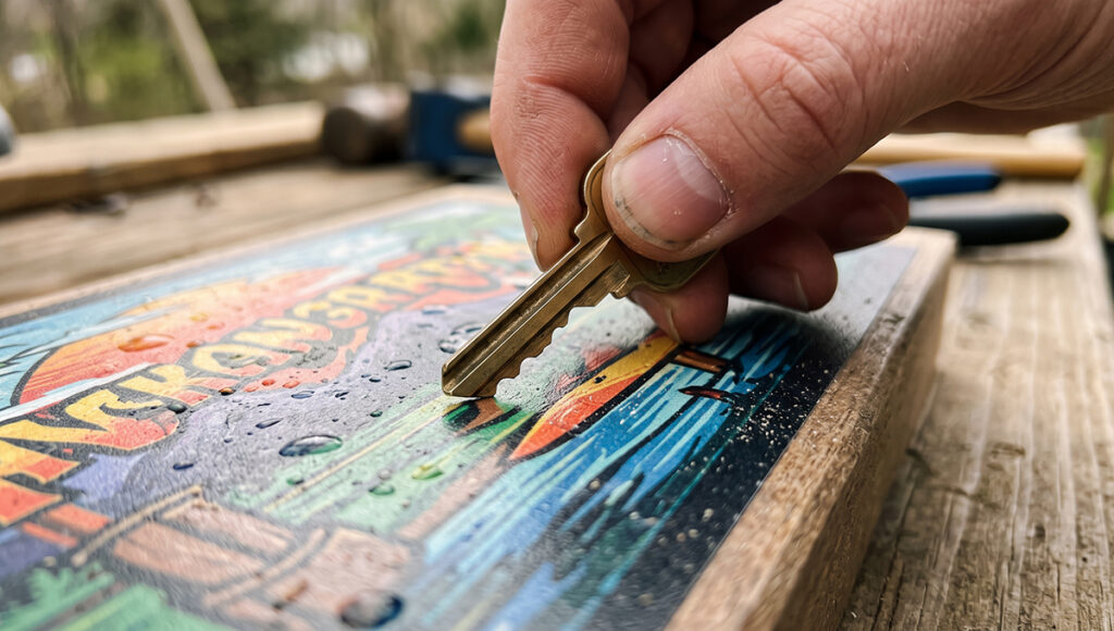 A close-up of a hand using a brass key to scratch the surface of a colorful, printed wooden sign, testing its durability. Water droplets are visible on the printed graphic, which sits on a wooden workbench outdoors. Blurred tools and natural outdoor backgrounds are visible in the distance.