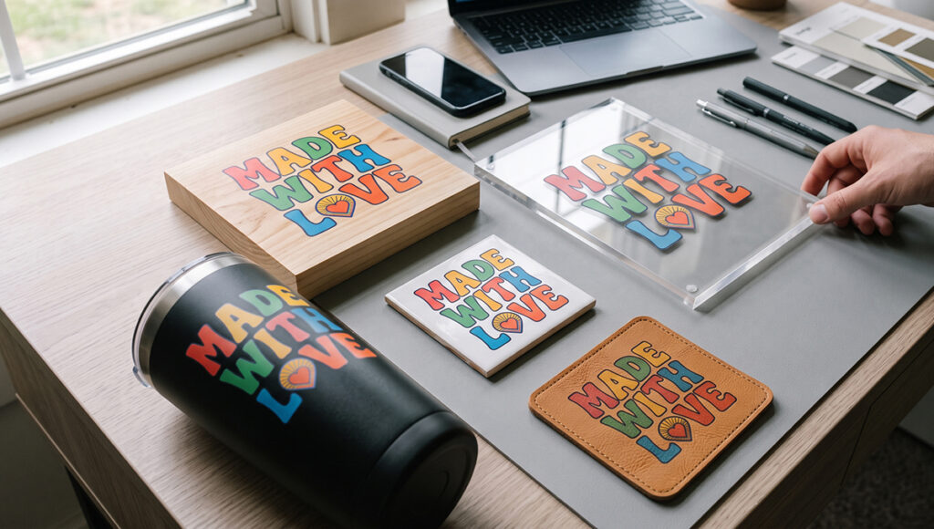 A desk displaying examples of UV printing on various materials. A wooden block, black tumbler, ceramic coaster, leather patch, and clear acrylic sign all feature the same colorful 